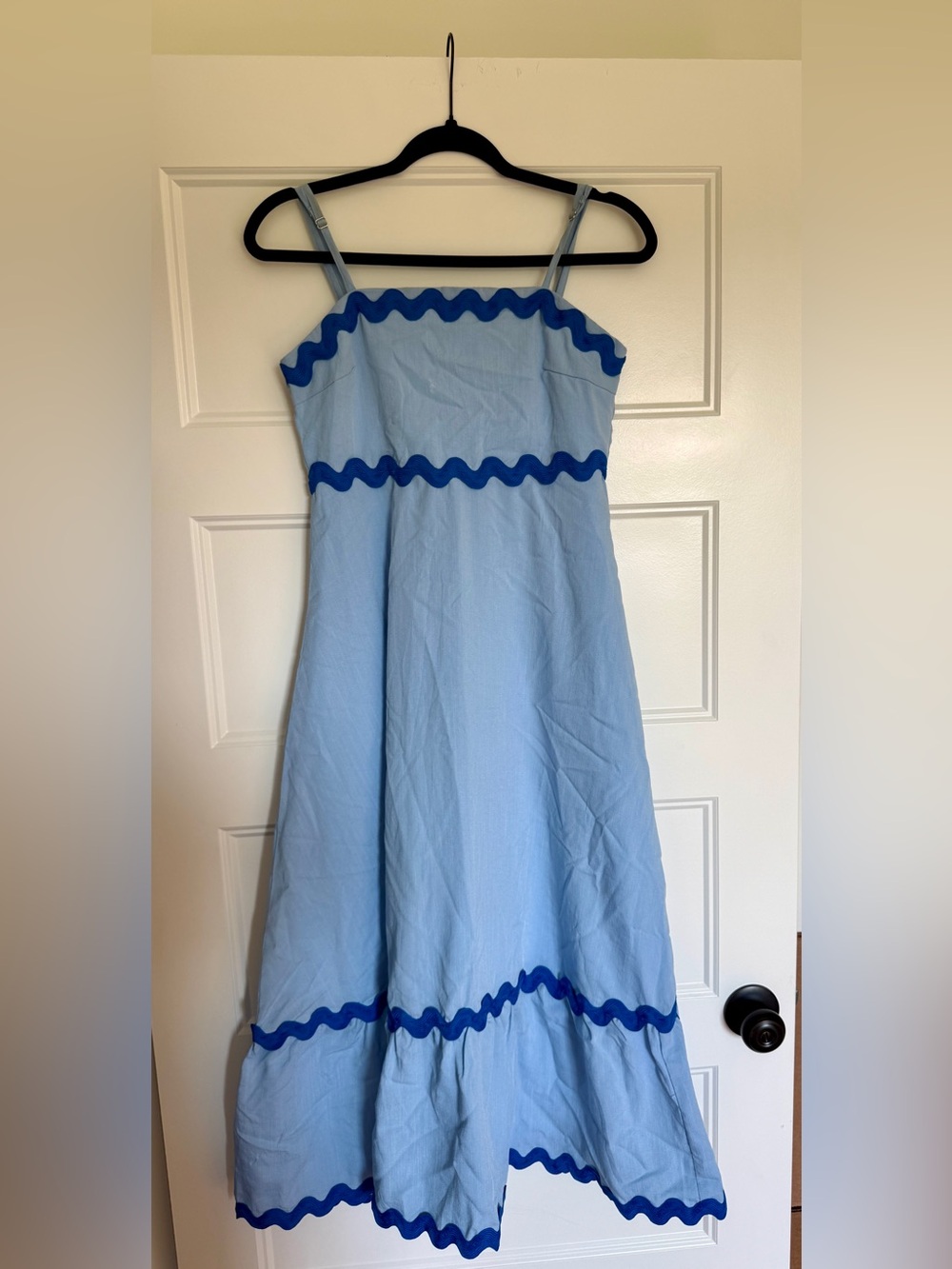 NYT Women’s Light Blue Maxi Dress with Royal Blue Scalloped Trim - Size Small